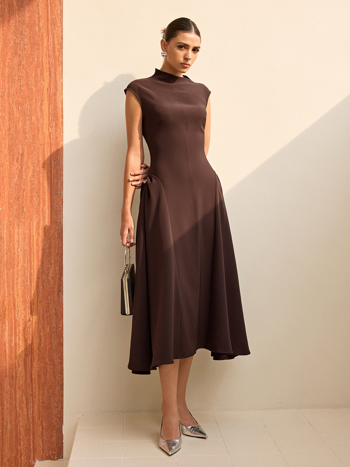 Asymmetrical Neck Cap Sleeve Maxi Dress