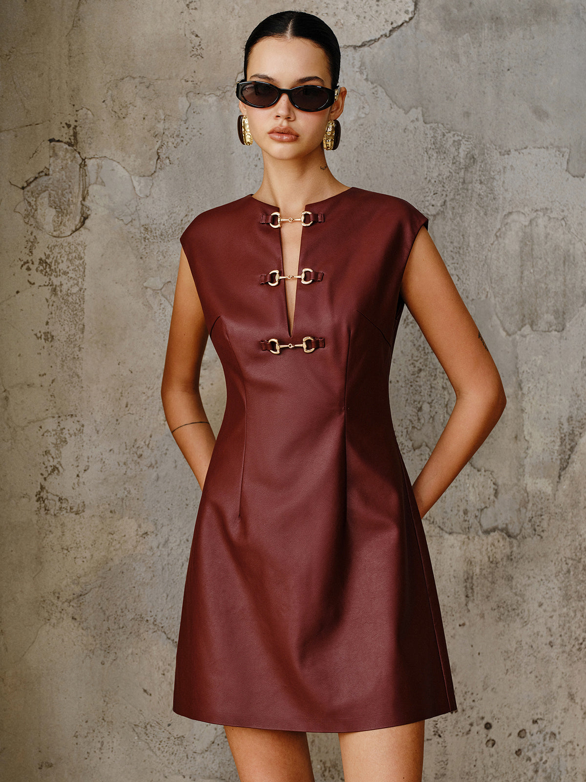 PU Leather Metal Buckle Sleeveless Mini Dress