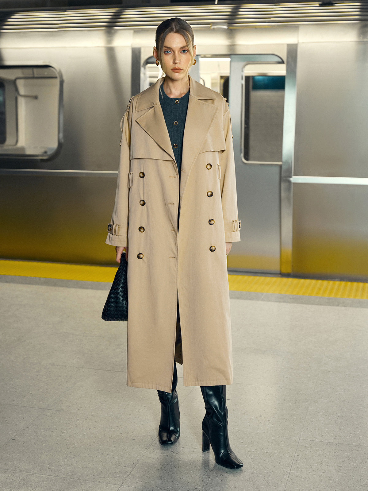 Cotton-Blend Double-Breasted Belted Long Trench Coat