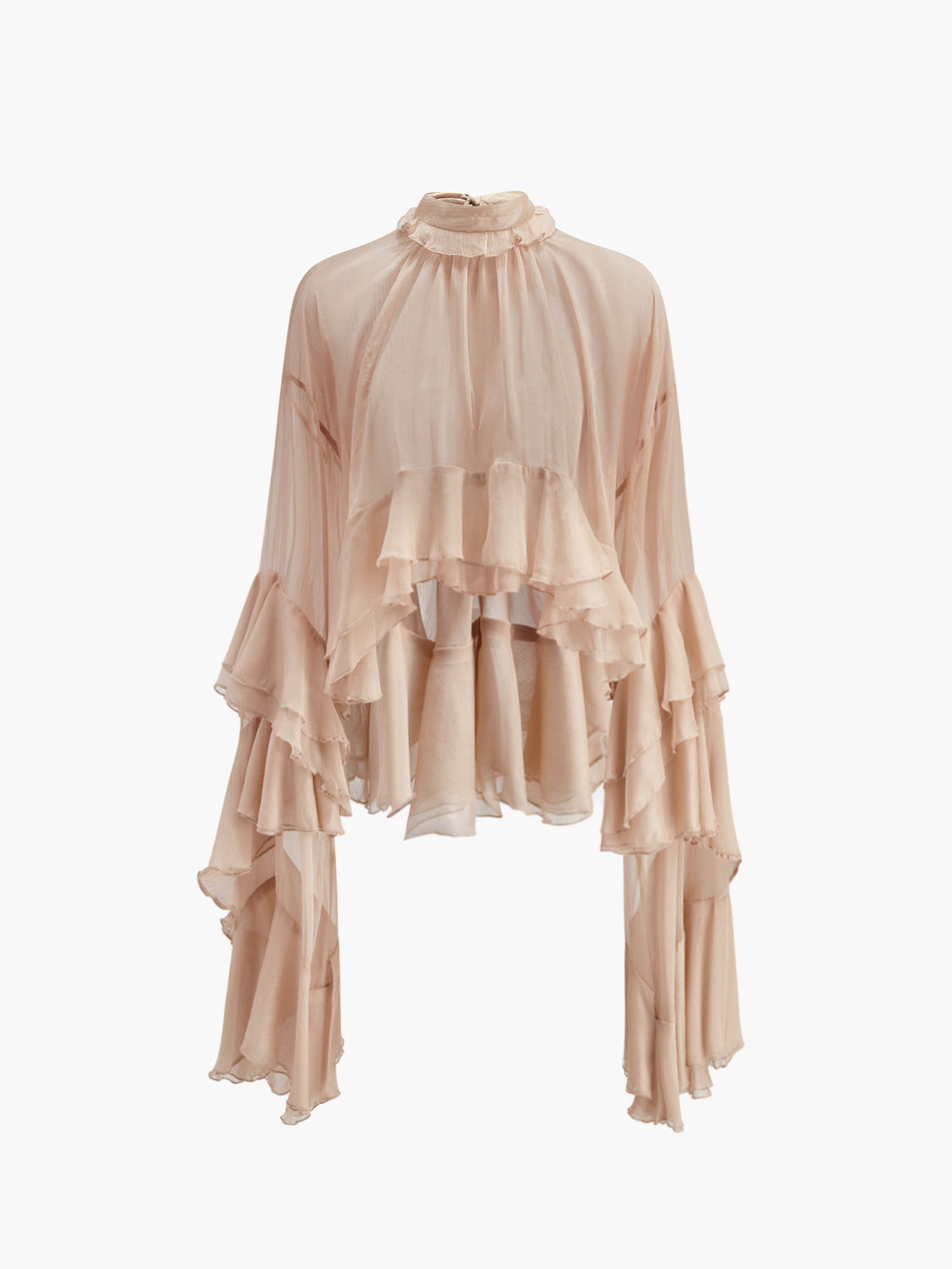 Sheer Turtleneck Ruffle Chiffon Blouse