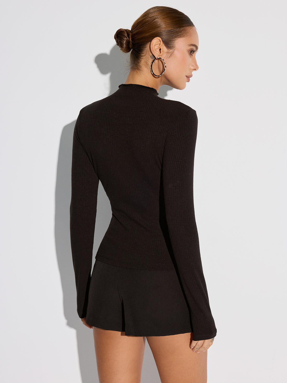 Sheer Mesh Neckline Ribbed Blouse