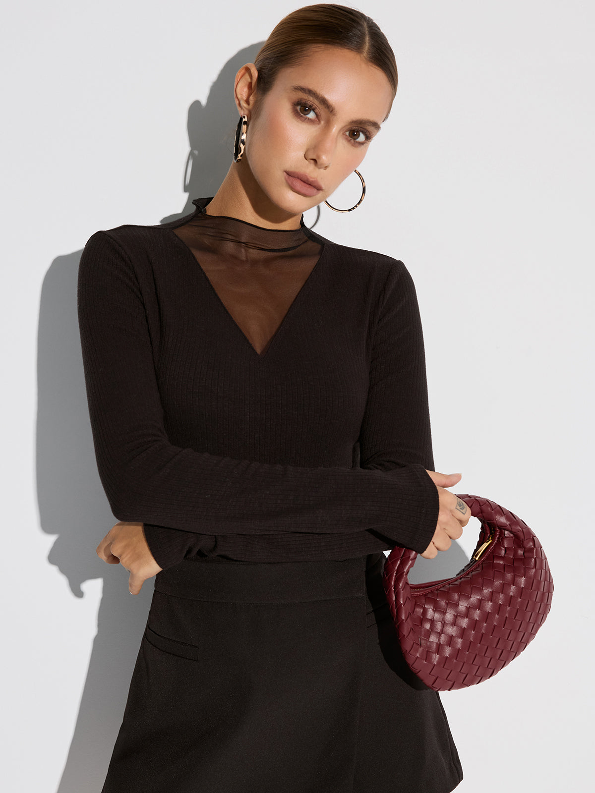 Sheer Mesh Neckline Ribbed Blouse