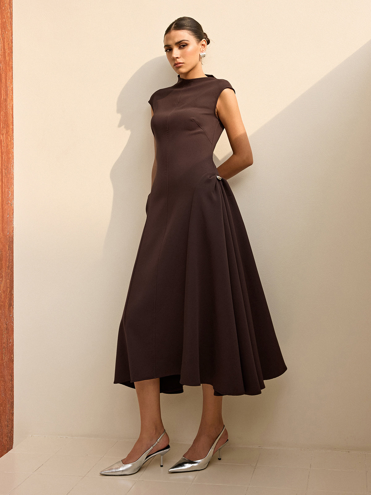 Asymmetrical Neck Cap Sleeve Maxi Dress
