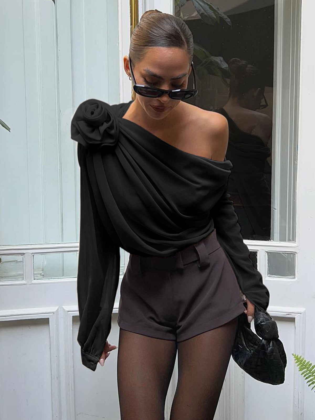 Chiffon Semi-Sheer One Shoulder Asymmetrical Blouse