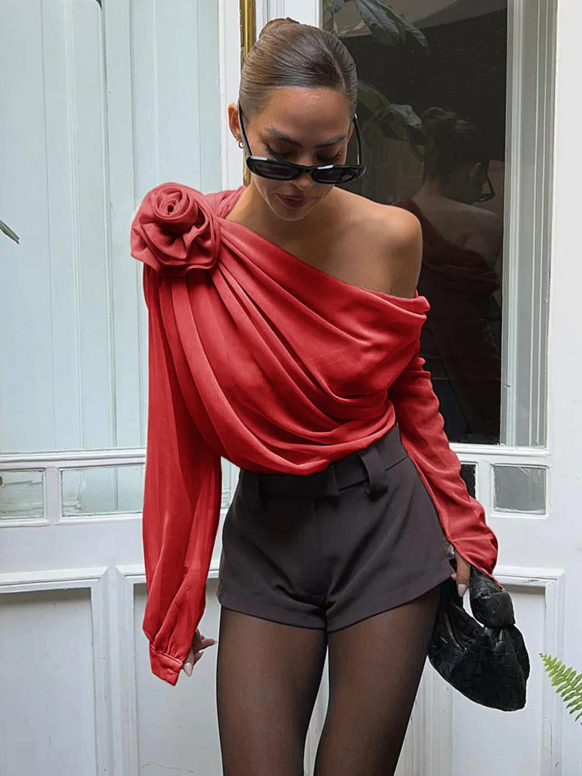 Chiffon Semi-Sheer One Shoulder Asymmetrical Blouse